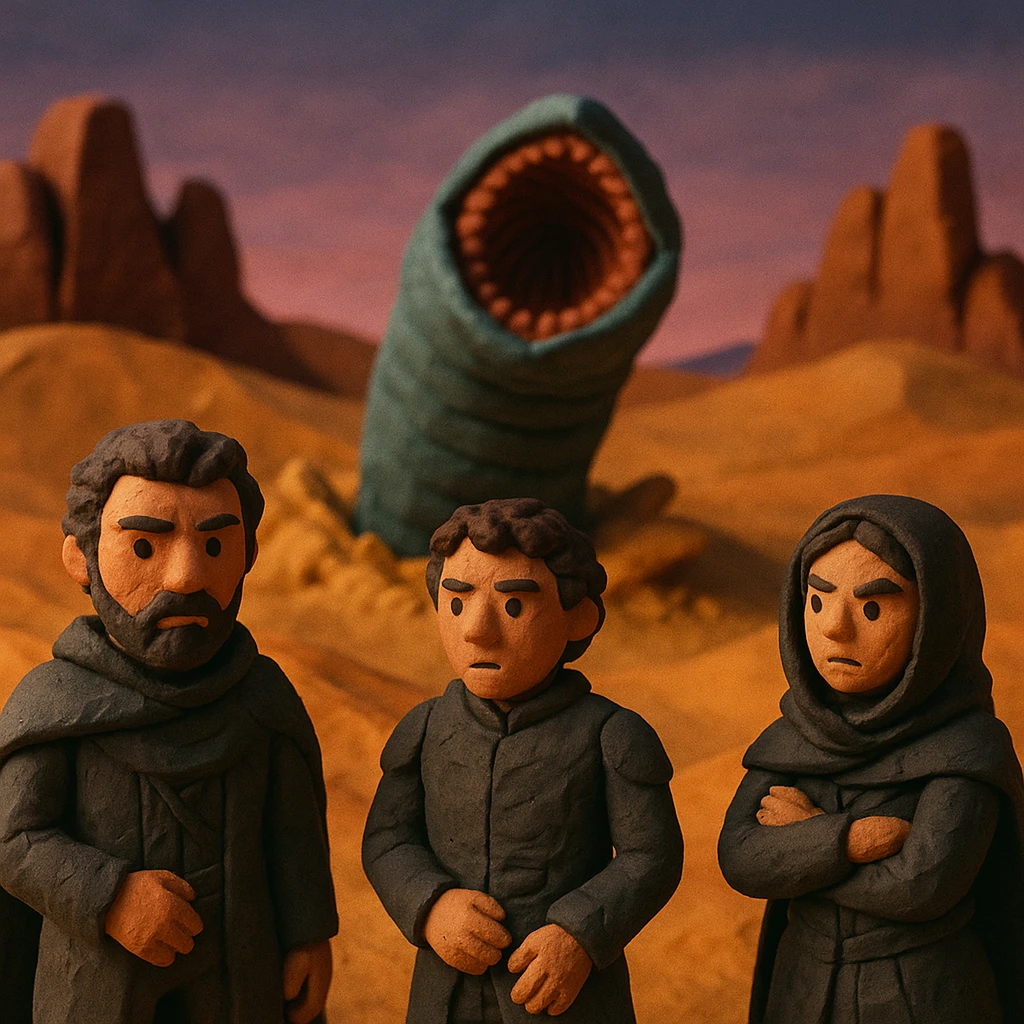 Desert planet Arrakis from Dune, sandworm bursting from sand in the midground, three people in the foreground, rock formations behind, dusk sky, in a claymation style emoji