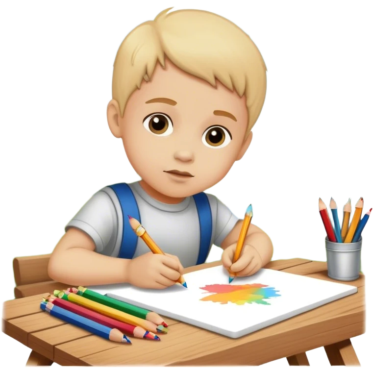 little boy drawing with pencils on white paper and wooden board outdoors emoji