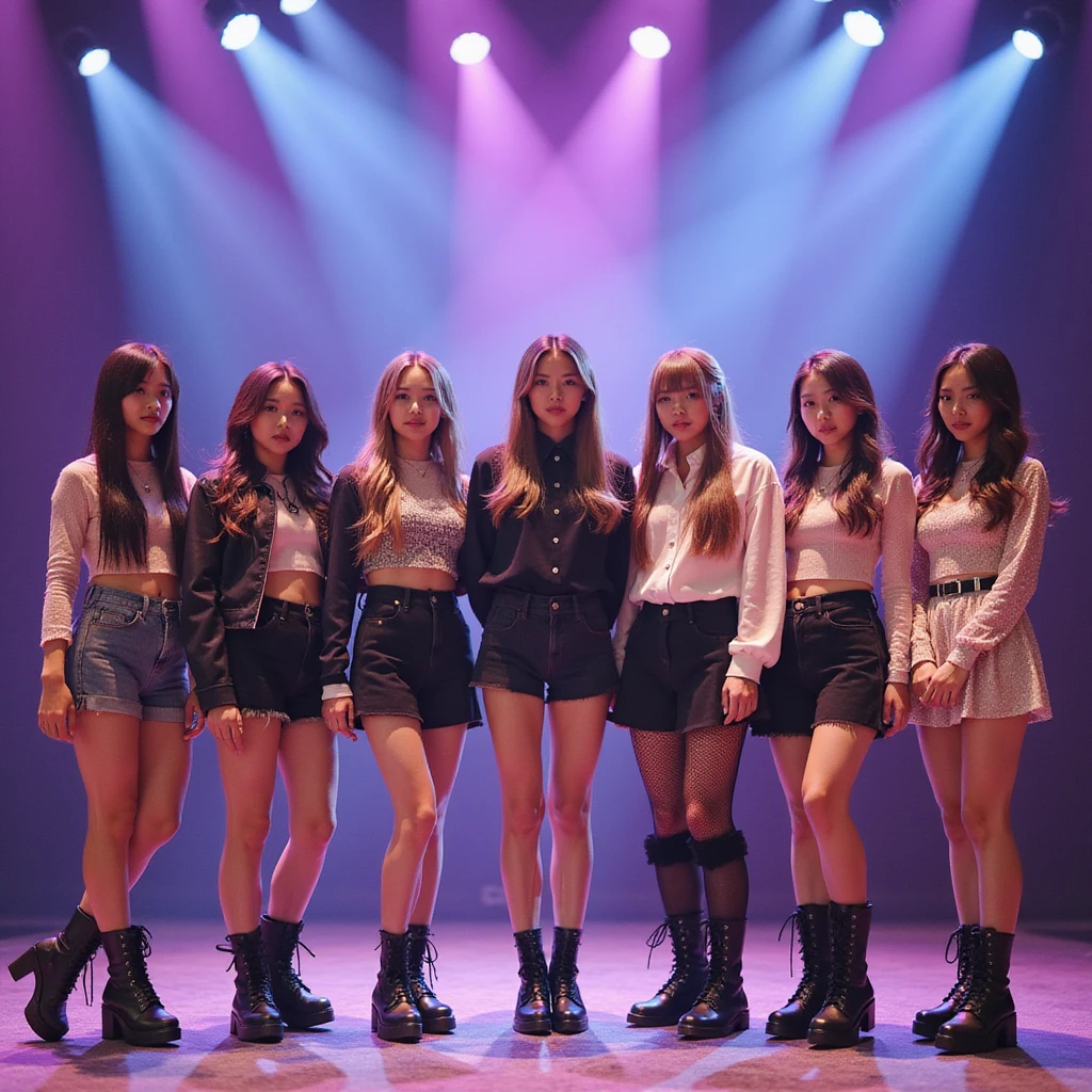 Blackpink K-pop group, realistic, vibrant stage, expressive faces, fashionable outfits emoji