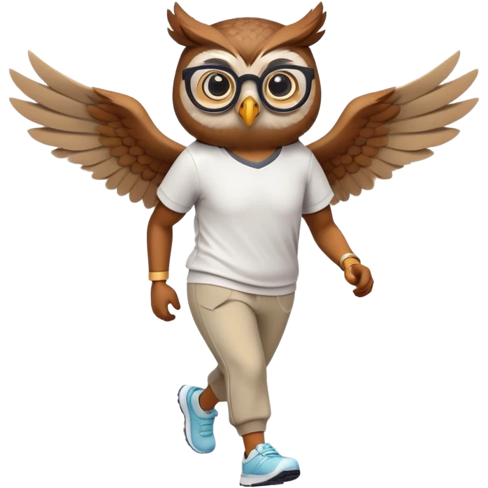 friendly anthropomorphised owl with visible wings, in pants and a shirt, wearing glasses, jogging upright, relaxed pose emoji