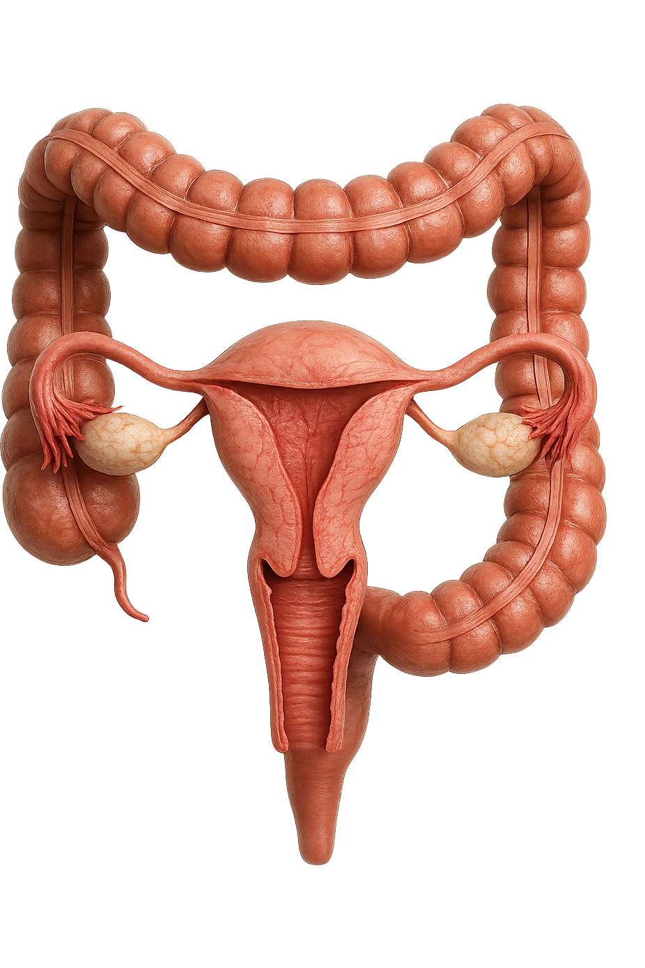 UTERO UMANO ANATOMICO COLLEGATO AD INTESTINO, iperrealistico 4k, SFONDO BIANCO emoji