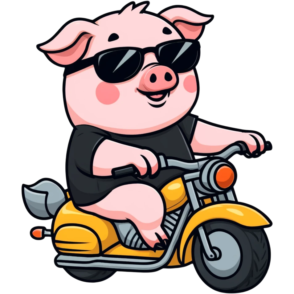 Pig wearing black t-shirt and sunglasses riding a motorcycle emoji