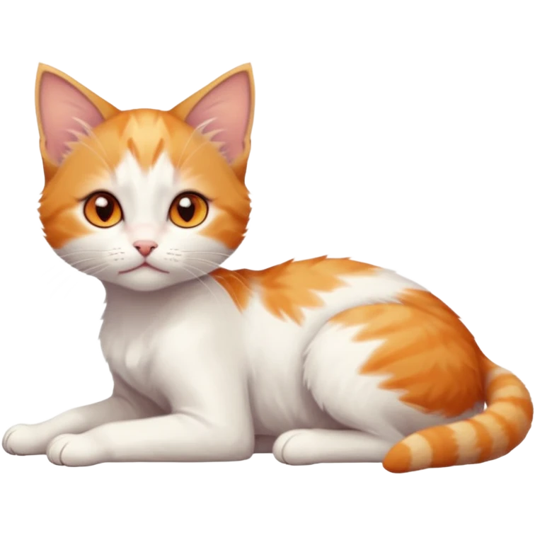 full body of very small + skinny ginger and white kitten with deep orange eyes and triangular shaped face lying down with bent front paws emoji