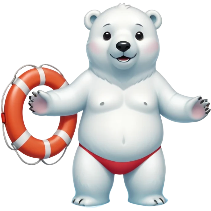 full body friendly anthropomorphised polar bear smiling, wearing colorful swim shorts, red and white life buoy around waist, swim goggles, standing in small pool of water emoji