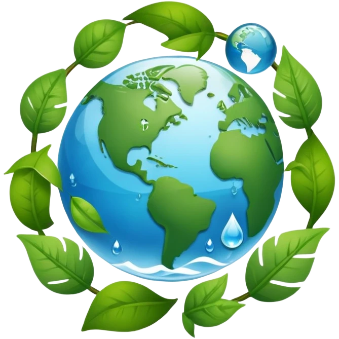 An icon featuring a globe with green leaves, a recycling symbol, and a water droplet, symbolizing ecology. The design includes trees, animals, and renewable energy icons, representing the study of ecosystems, environmental protection, and sustainability. Transparent background emoji
