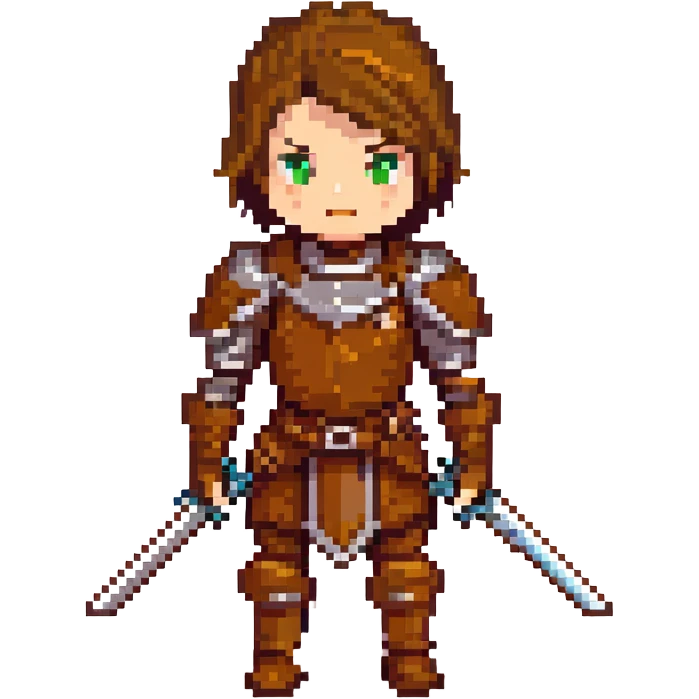 rogue character, brown leather armor, dual short swords, mysterious expression emoji