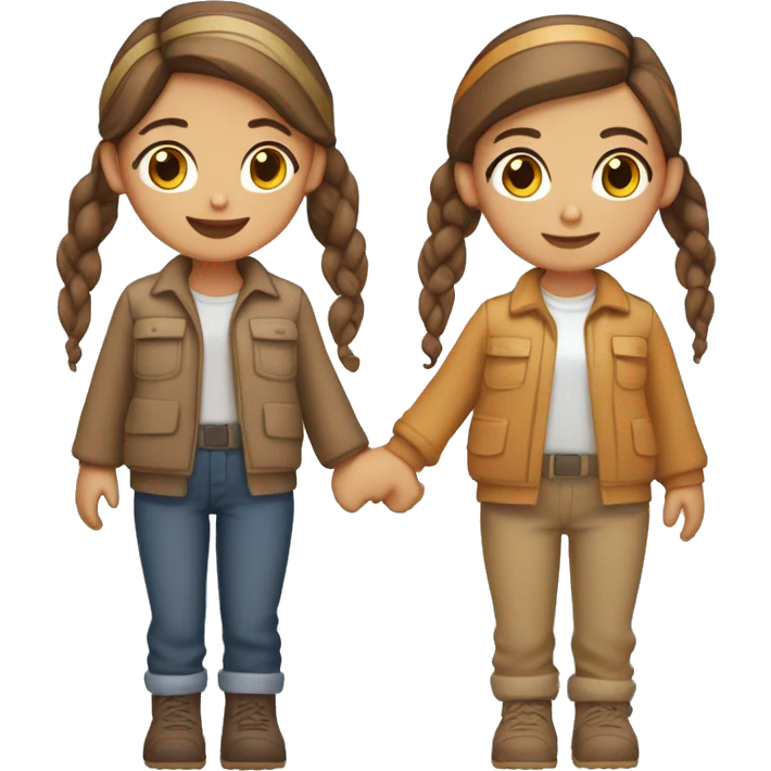 Two girls, holding hands, one with brown hair in a low bun and tan skin wearing a tradie outfit and one with thick caramel hair  light tan skin wearing a cute outfit emoji