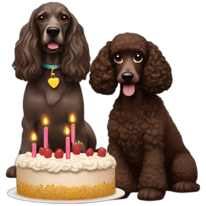 Snoop dog with a dark brown poodle dog. He has a birthday cake emoji