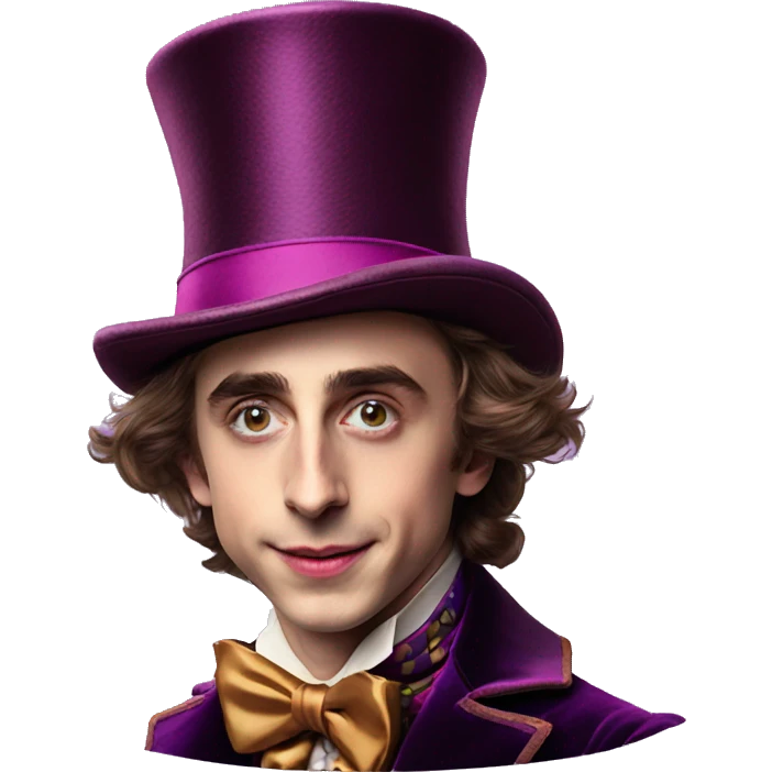 older Timothée Chalamet as Willy Wonka, high cheek bones, large face, hat emoji