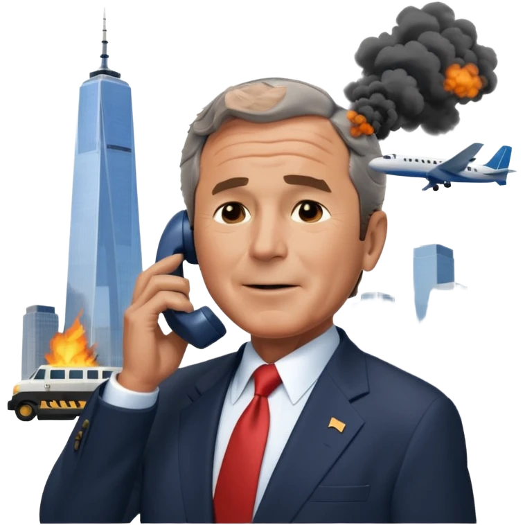  emoji of the world trade center with a plane crashed into it and george bush on a phone in front of them emoji