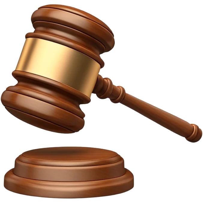 An emoji representing justice and penalty. A wooden judge's gavel striking a sound block, symbolizing a legal decision or punishment. The design is simple, 3D, and slightly glossy, resembling official court decisions emoji