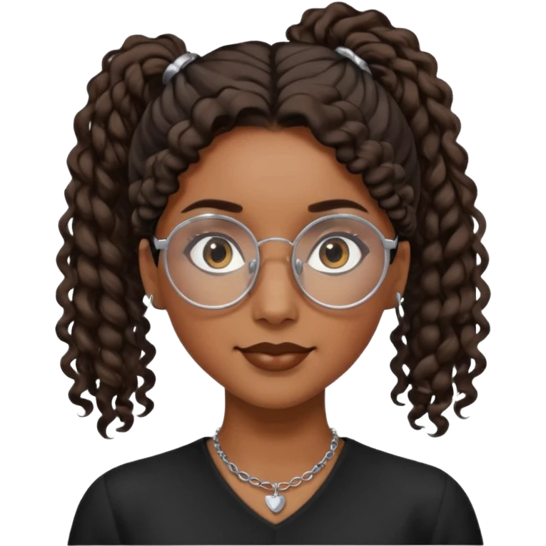 chica morena de ojos claros con gafas negras exagonales redondeadas. y pelo rizado castaño con todo el pelo recogido en una coleta . y un collar de plata . Con todo el pelo recogido un clen look emoji
