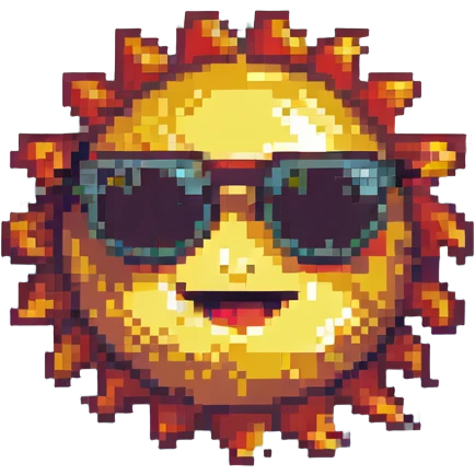 a smiling sun with sunglasses pixel art style emoji