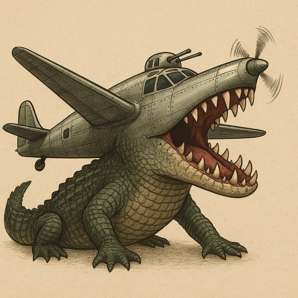 crocodile with its head transformed into the nose of a WWII bomber plane mouth agape sharp teeth metallic body wings and propellers surreal satirical and absurd channeling Italian Brainrot meme energy emoji