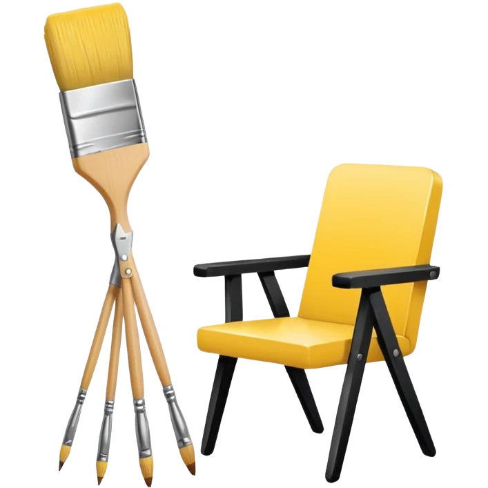 Minimalistic flat vector icon, iOS style, thin black contour on white background. A simple chair colored yellow, next to it a paintbrush and a small paint can. No text, no shadows.
 emoji