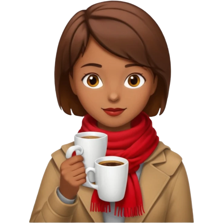 a girl with brown short hair, having red scarf, drink coffee, enjoy emoji