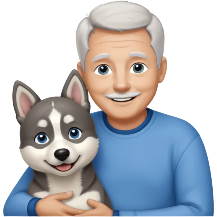 A 60 year old man with blue eyes and short light gray hair and no mustache and slightly big ears, holding a single black and white husky dog with floppy ears and white tuft eyebrows, both smiling emoji