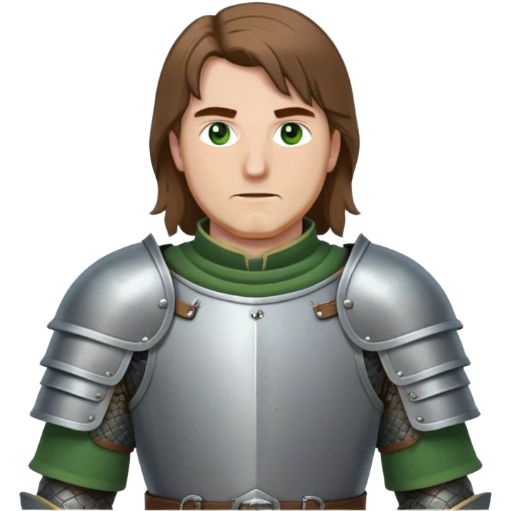medieval battle armor worn by a DnD themed fantasy character. basic padded gambeson with metal pauldrons and a reinforced gorget. armor only above the waist. The armor full waist. The character's haven't arms. character is brown hair green eyes shoulder-length straight hair white man. emoji