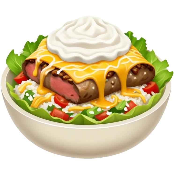 Chipotle, steak burrito, bowl with lettuce, cheese, sour cream, and white rice ￼ emoji