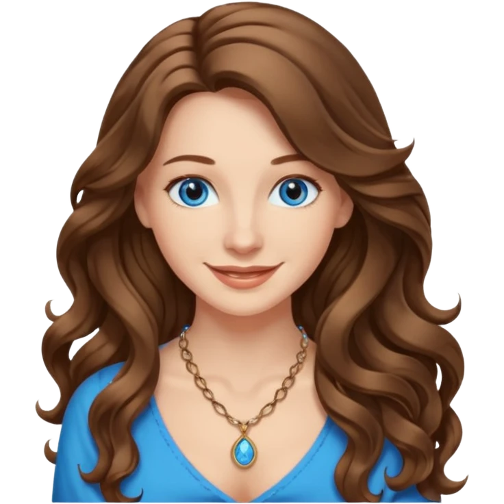 Extra Long wavy hair, brown hair, blue eyes Caucasian not young sexy, necklace emoji
