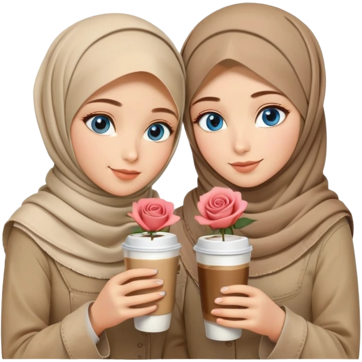 Turkish beautiful finish Konya two girls blue eyes with beige denim hijab islamic dress and had on her hand Rose Cold turkish coffee   emoji