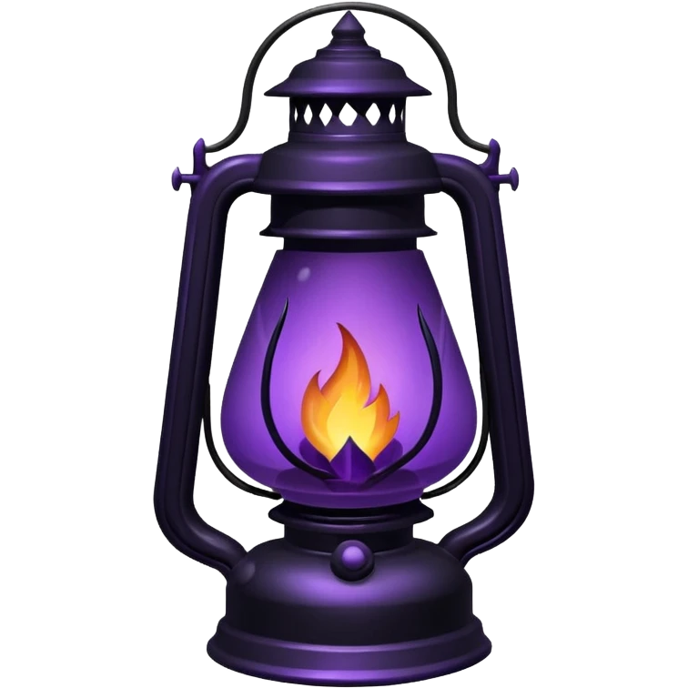 A Discord emoji of a dark violet flame burning inside a black iron lantern. The lantern has sharp, gothic edges and a small 'streak' of light emerging from it. Dark fantasy aesthetic, bold outlines, vibrant purple fire, white background, high detail but simple enough to be visible at 32x32 pixels. emoji
