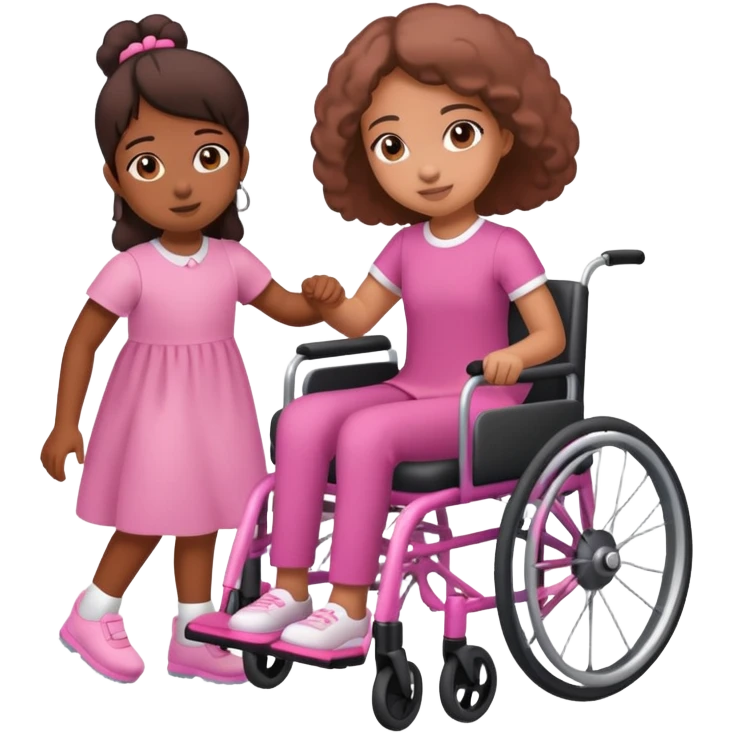 One tan skin sister pushing her brown skin sister in a pink wheelchair emoji
