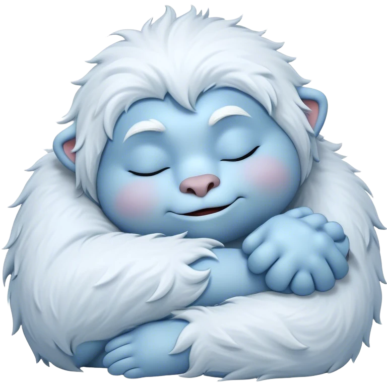 Meme-Worthy Cute Sleeping Yeti Portrait Emoji, with a charming, fluffy, snow-dusted figure in gentle whites and cool blues, head resting in blissful, serene slumber with closed, peaceful eyes and a small, contented smile, simplified yet irresistibly adorable, highly detailed with a soft frosty outline that captures the tender drowsiness of a yeti drifting into snowy dreams! emoji