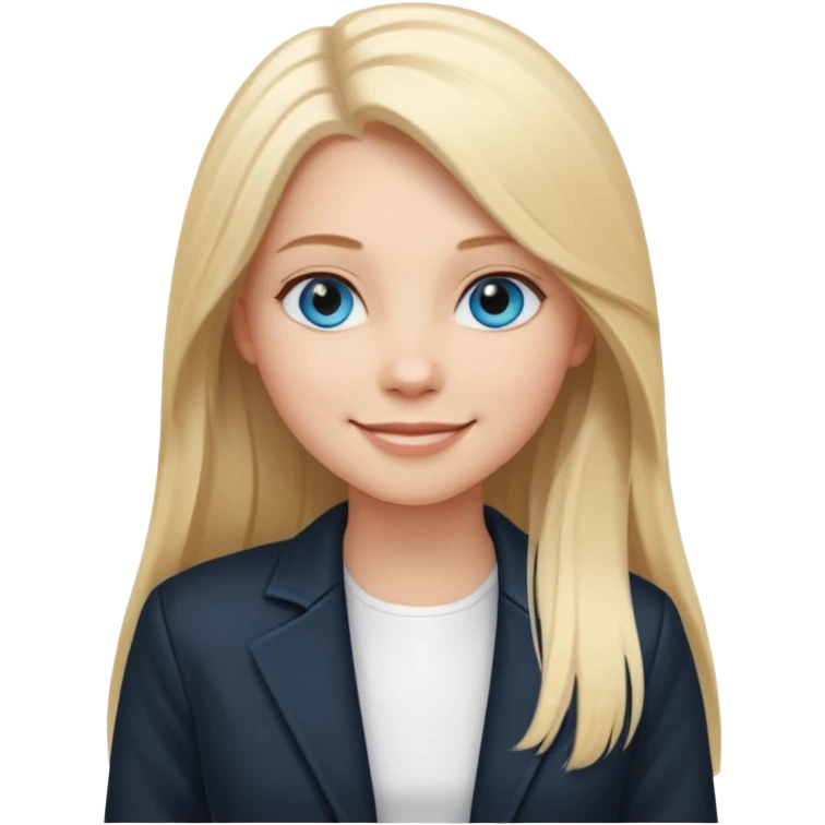 A white girl with long straight blonde hair, blue eyes and a white dress with a smiling black jacket emoji