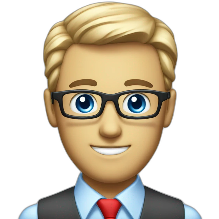 A guy with a class cube as a head with only 2 eyes and a red necktie. wich are blue like the glass. He wears emoji