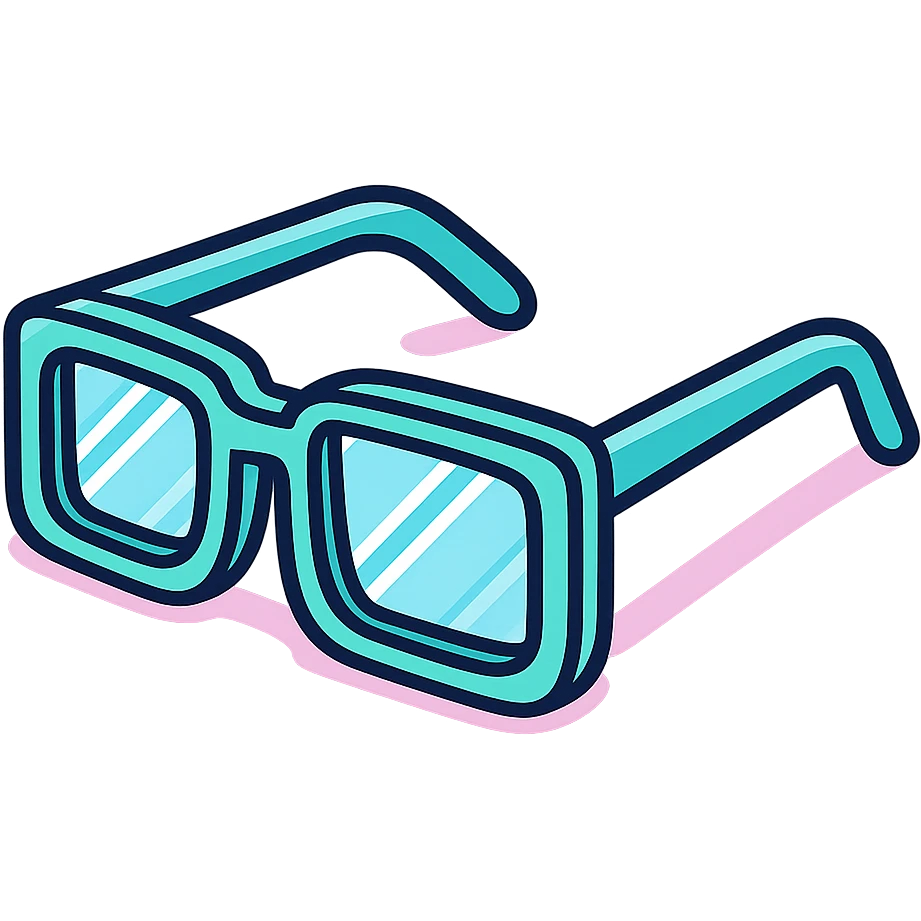 rectangular eyeglasses with diopters, thick frame, three-quarter view, vector look with shadows and highlights, detailed shading, pastel palette, Japanese pop art, sticker look, highly detailed emoji