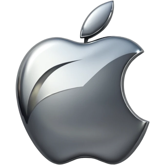 Metallic Apple logo emoji icon, chrome surface, sharp reflections, dark background, centered emoji