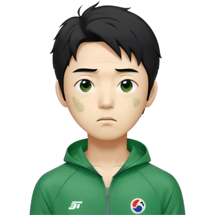 Seong Gi-hun squid game A tall, slim man with messy, unkempt black hair and tired eyes, showing signs of stress, Green player tracksuit emoji