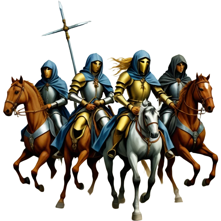 solarpunk ultra HD style, oil - The Four Horsemen of the Apocalypse, based on a graphic by Albrecht Dürer emoji