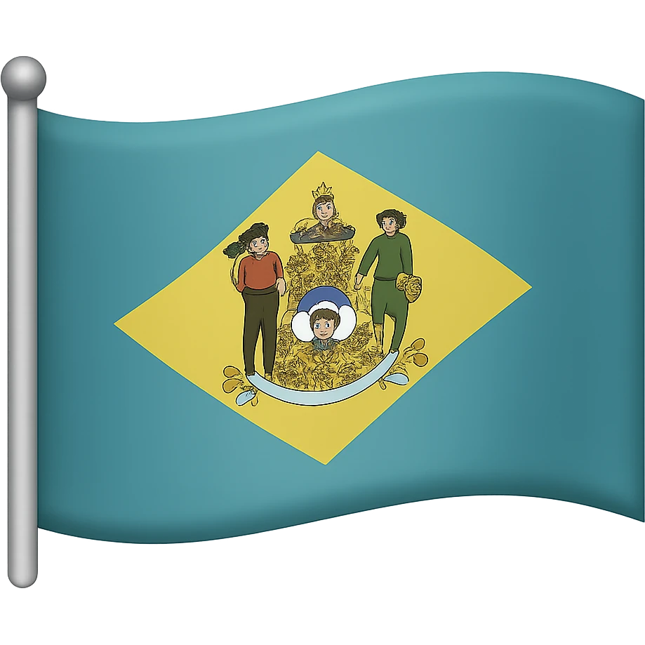 Add a waving flag effect to the simplified Delaware flag with recognizable emblem, in the style of emoji (apple style emojis). The flag should have no background. emoji