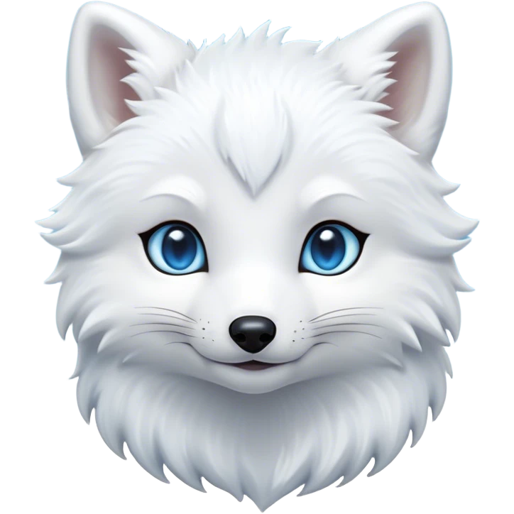 Cinematic Cute Arctic Fox Portrait Emoji, Head tilted playfully and inquisitively, featuring a silky, pure white Fur with delicate hints of icy blue on the ears and muzzle, round, sparkling eyes filled with curious charm, Simplified yet irresistibly adorable features, highly detailed, glowing with a warm, friendly glow, high shine, affectionate and spirited, stylized with a touch of frosty whimsy, bright and endearing, soft glowing outline, capturing the essence of a mischievous yet loving arctic fox, so playful it feels like it could frolic out of the screen and into your arms! emoji