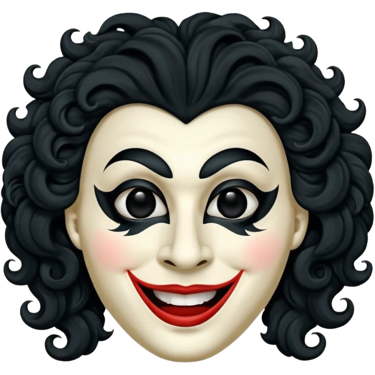 generate theatre mask emoji with a big curly black hair 

wide black smile, long and pointy white nose, pitch black eyes emoji