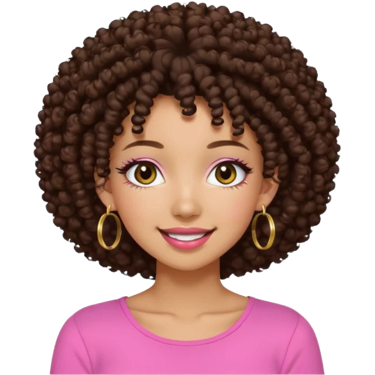 Naturally tan skin girl short darkBrown curly afropink shirt very long lashes hoop gold earrings Brown eyes gyaru smiling closed mouth cute emoji