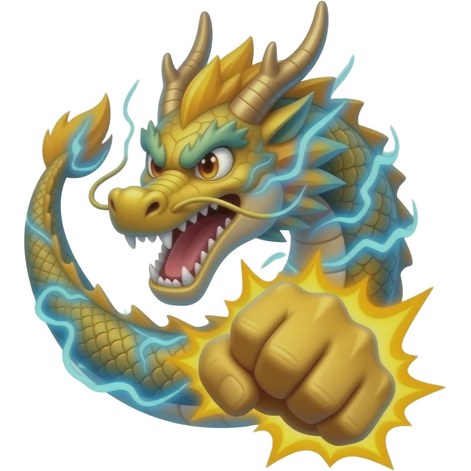 3D anime icons of dragon, lightning energy, strong punch, vibrant colors, soft lighting, glossy material, centered composition, clean background, consistent style, high quality, 4K emoji