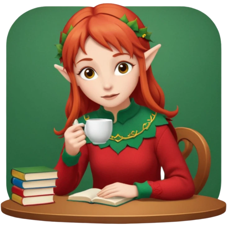 Red hair elf-like girl in red sweater sipping tea with a stack of books beside her  emoji