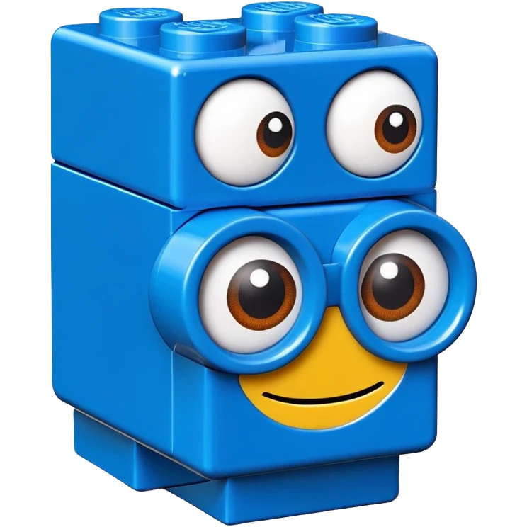 A bright blue Lego building block with big eyes and a happy expression emoji