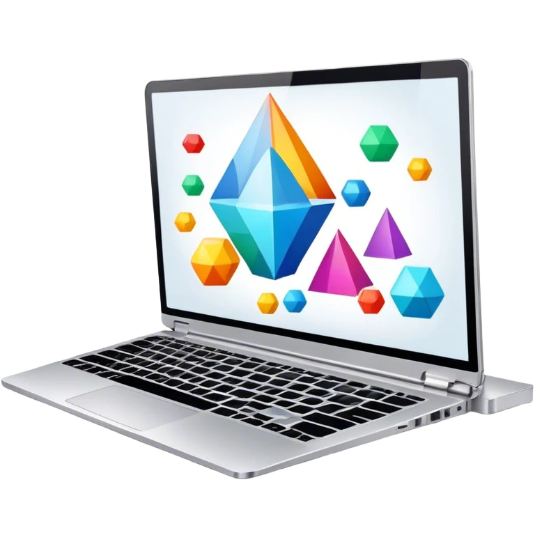 Professional icon for Graphic Design: a laptop with Photoshop open on the screen, displaying geometric shapes like spheres, cubes, and pyramids, along with a stylus. The icon should reflect the creative process in graphic design. Transparent background. emoji