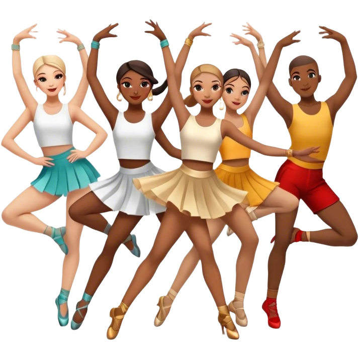 Icon for Contemporary Dance: a synchronized group dance performance with dancers in modern outfits, performing on stage with bright spotlighting and energetic movement. The icon should capture the dynamic and vibrant nature of contemporary dance. Transparent background. emoji