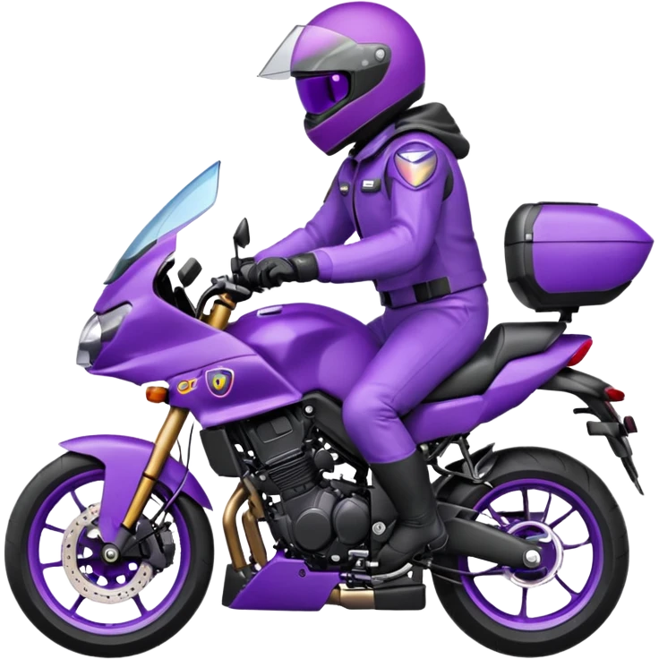 Créer un emoji avec une moto mt07 sport noir mate / violet iridescent très foncé, pare-brise de la moto violet. Avec une pilote dessus visière violet sombre visage caché . Avec fond arrière violet en arrière plan. emoji