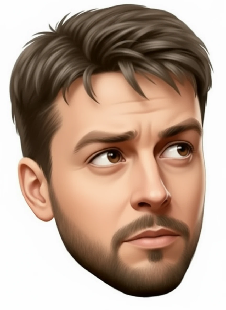 нарисуй точно такого же человека, с такой же эмоцией, но голова повернута в противоположную сторону, на право относительно зрителя,, пробор на голове как в оригинале, без фона emoji