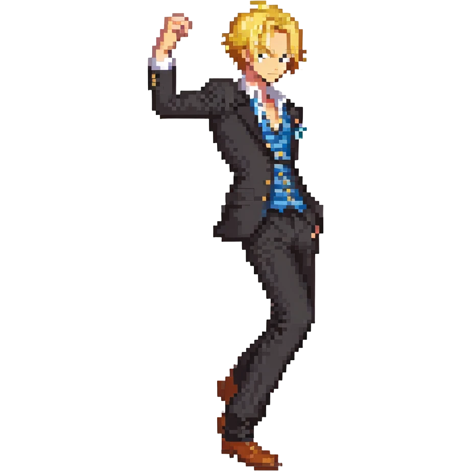 Sanji from One Piece, pixel art style, curly eyebrow, blond hair, black suit, side view, kicking pose emoji