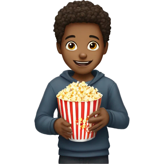 a young boy holding a cup of popcorn and sayin hi emoji