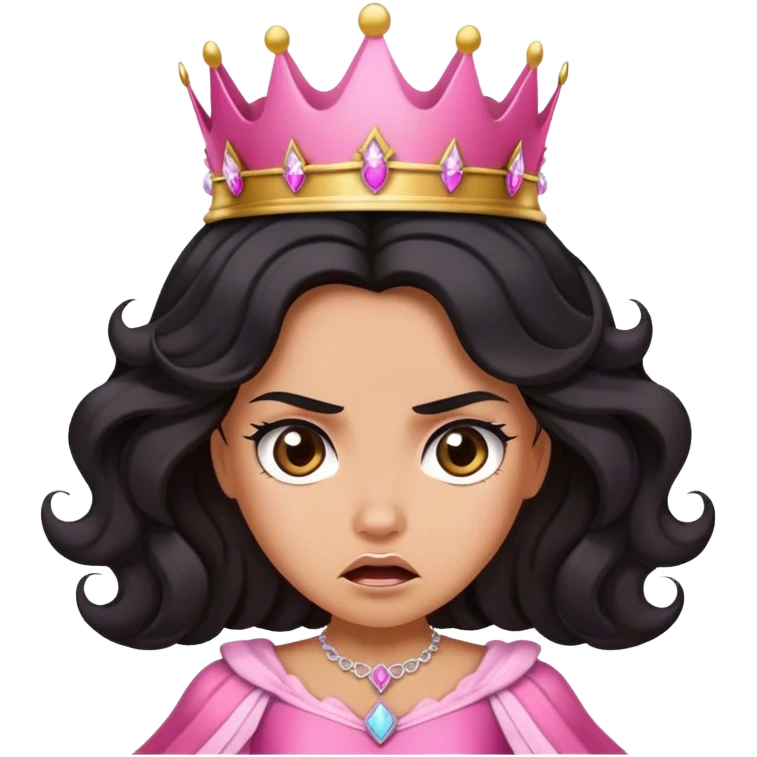 Very tanned princess, with long black wavy hair and a crown, a pink princess Outfit But angry emoji