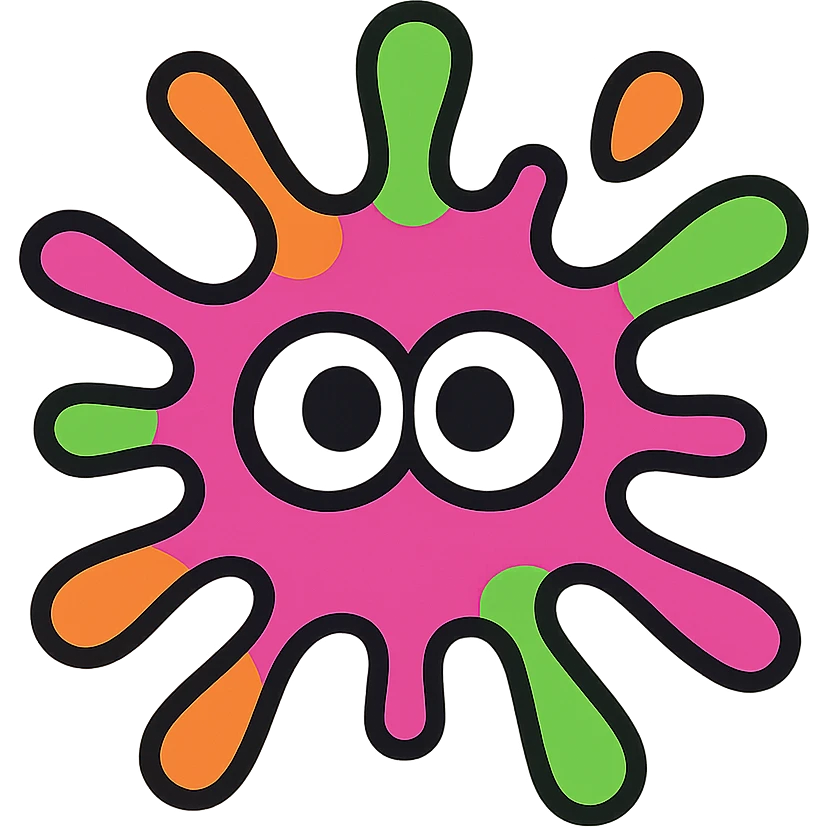dynamic logo-style icon of a paint splatter with eyes, referencing Splatoon aesthetics, bold, colorful, graphic emoji