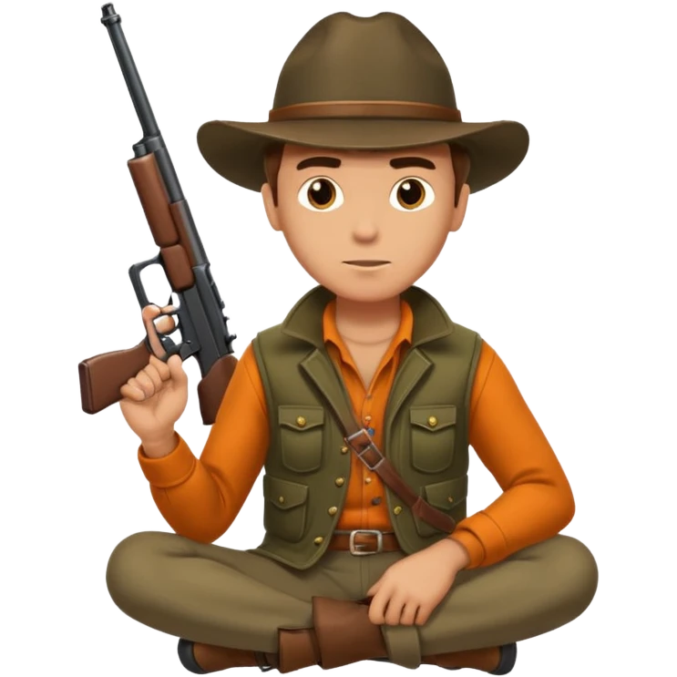 male hunter sitting with a gun, simple, clear expression emoji
